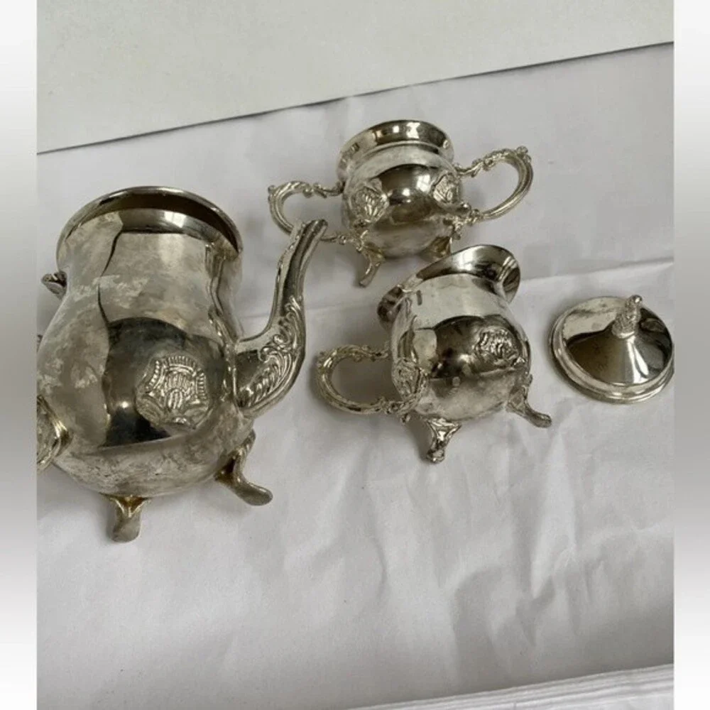 VTG Silver Plate Small 4 piece Coffee Set Teapot Creamer Sugar Bowls & Tray